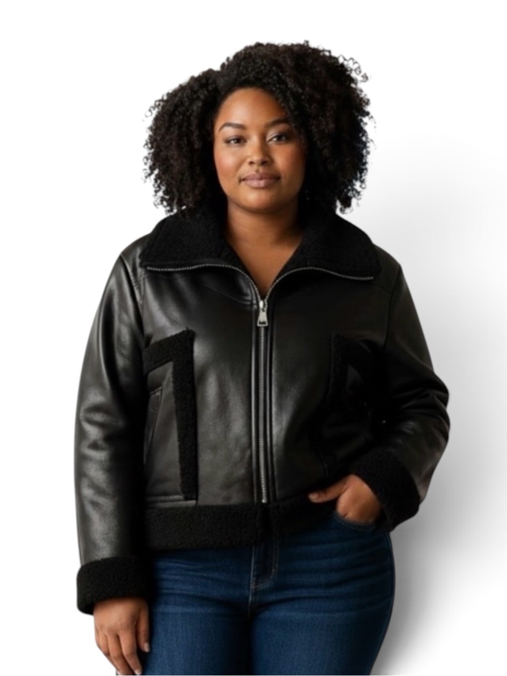 DKNY Black Faux Leather Shearling-Trim Jacket